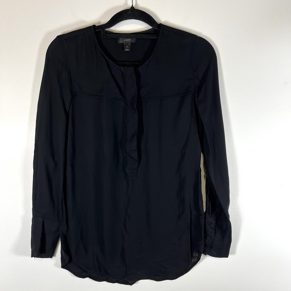 J.Crew Black Long Sleeve Button Up‎ Tunic Top Blouse Shirt Women's Size 4 career